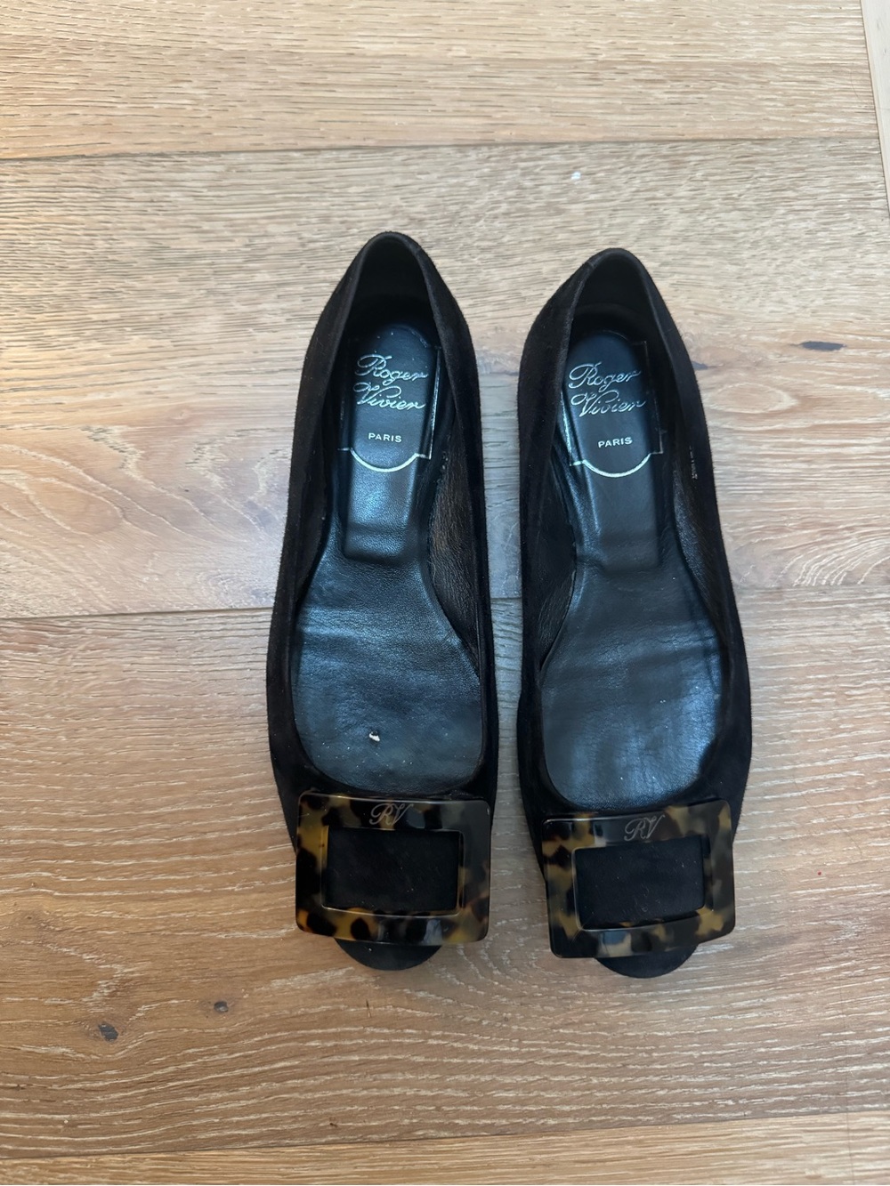 Roger Vivier Black Suede Flats with Tortoiseshell Buckle